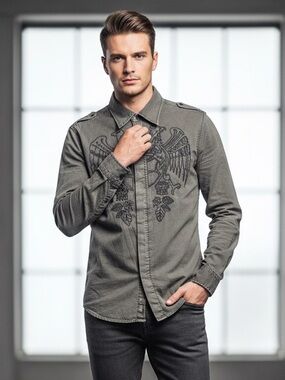 Buffalo David Bitton Men’s Eagle Embroidered Button Down Shirt Sz L Gray Grunge